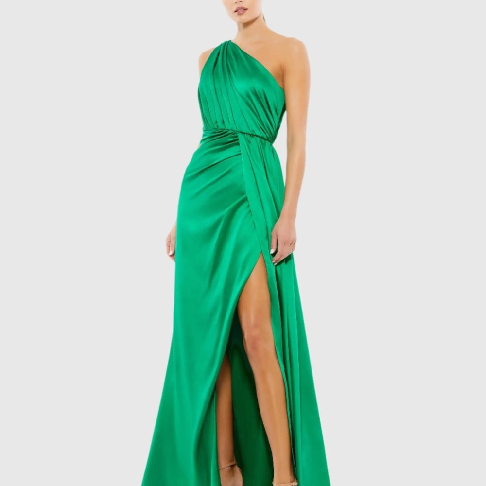 Mac Duggal Gathered One Shoulder Satin Faux Wrap Emerald Green Gown